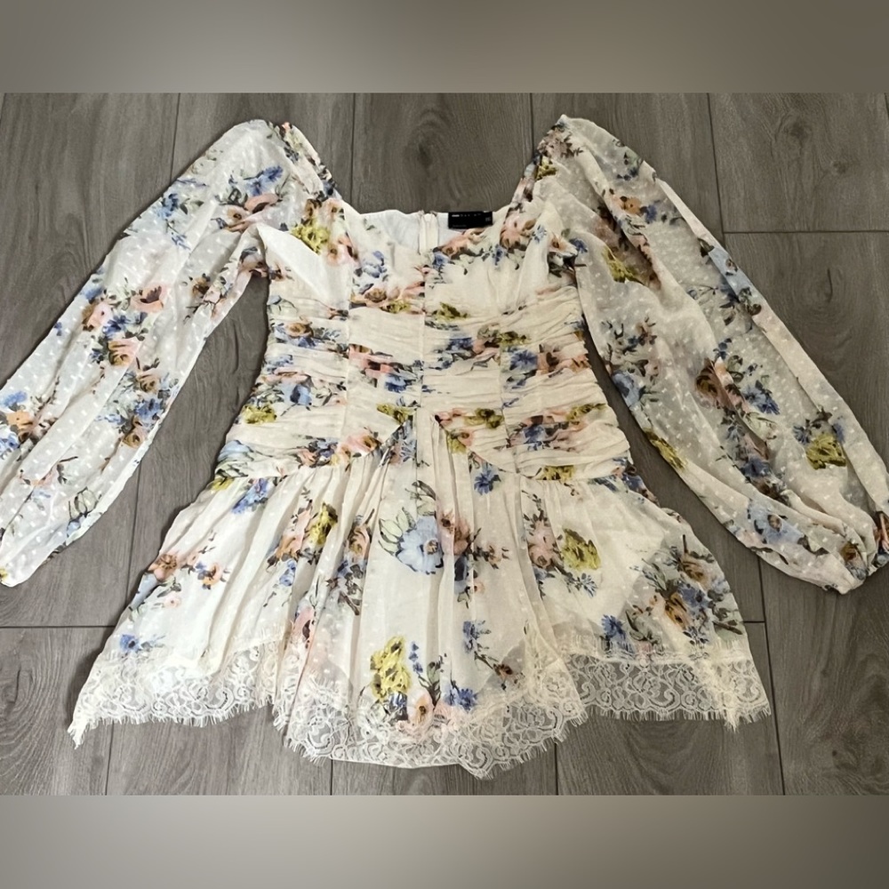 ASOS DESIGN Cream Floral Print Long Sleeve Mini Dress With Lace Trim Size 8 NWT